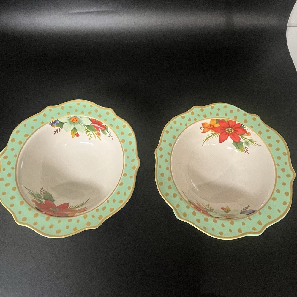 Pioneer Woman Flea Market Floral Mint Green Polka Dot Pasta Bowls Set of 2 8.5"